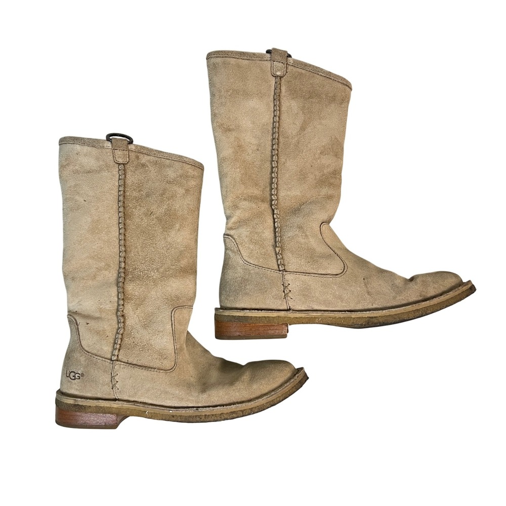 UGG Suede Leather Tall Pull On Boots Beige Sheepskin‎ Lined Women's Size 5.5